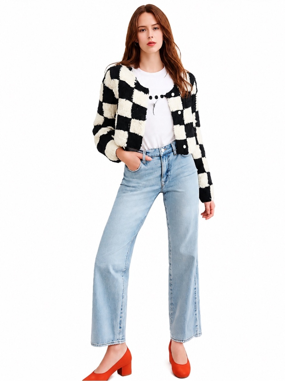 Moon River Checkerboard Fuzzy Cropped Cozy Cardigan Sweater Black/Ivory XS NWT!